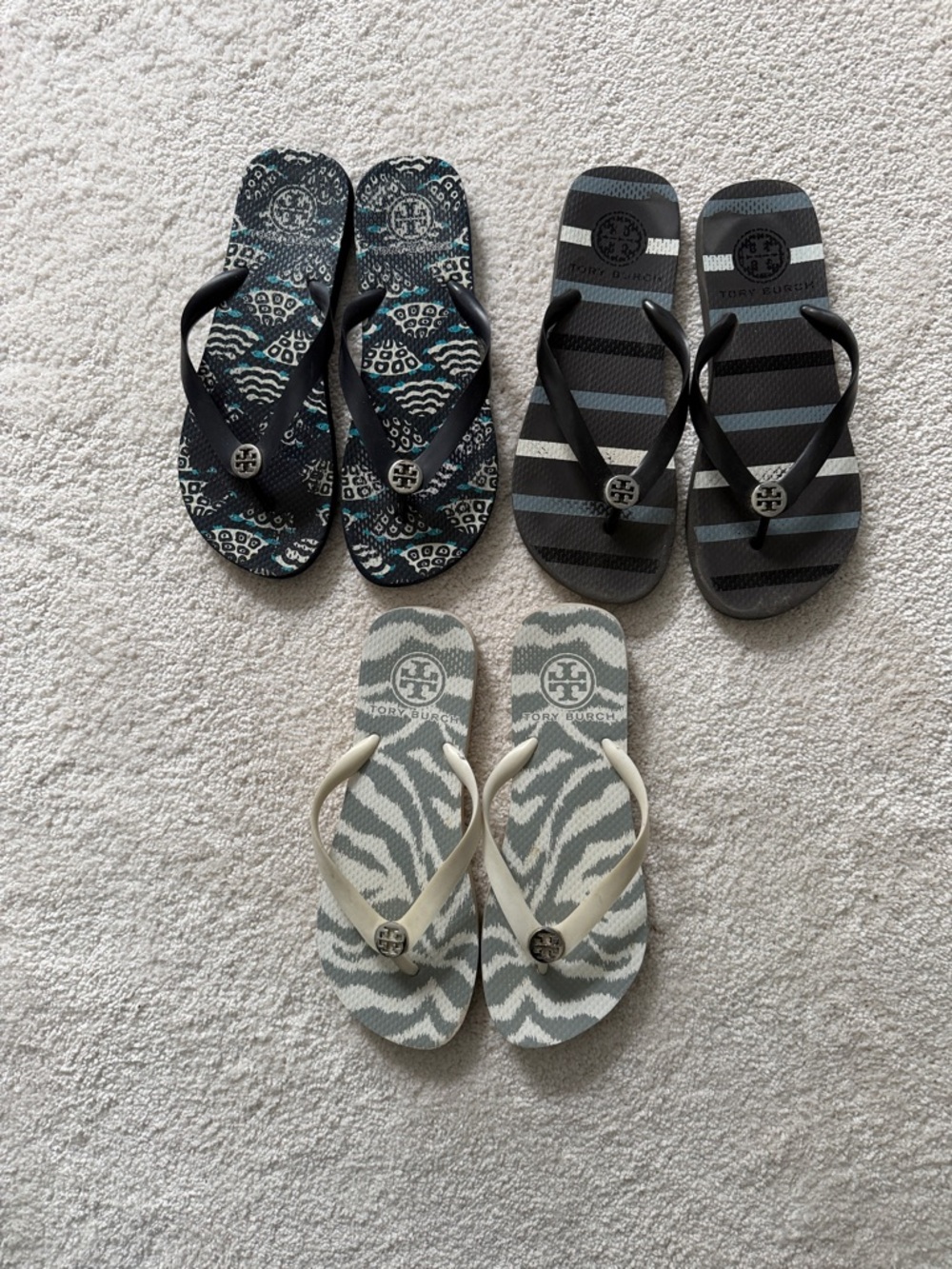 Tory Burch Flip Flop Trio in Black, Gray & Cream